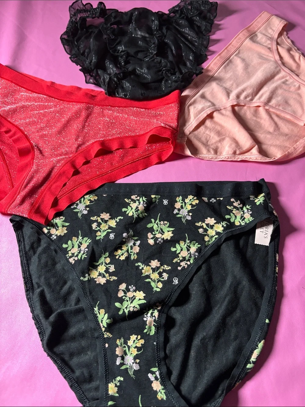 Victoria's Secret Black Floral Bikini Briefs with Pink and Red Accents